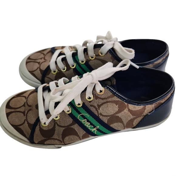 Coach Folly Signature Fashion Sneakers Tan Navy Green Size 6.5B - Picture 2 of 9
